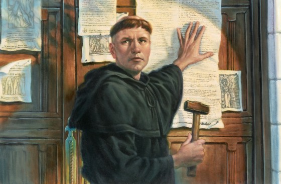 Illustration de Martin Luther accrochant ses suggestions qui vont mettre en mouvement la grande réforme de la société. (Peinture de Greg Copeland).